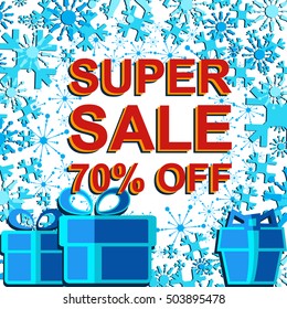 Big winter sale poster with SUPER SALE 70 PERCENT OFF text. Advertising blue and red vector banner template