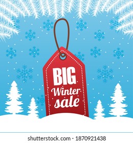 big winter sale poster with tag hanging in forest scape vector illustration design