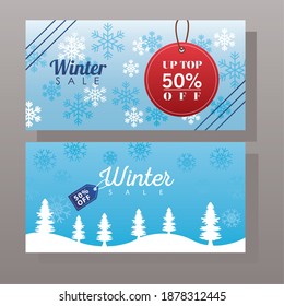 big winter sale poster with tags hanging in snowscapes vector illustration design