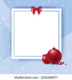 Big winter sale poster template. Beautiful winter background with snowflakes, balls and frame. Voucher discount. Vector illustration