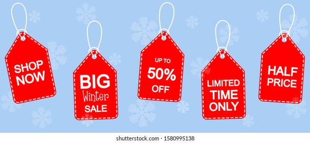 Big winter sale poster. Winter sale vector banner design. Red tag element and snowflakes in blue background. Vector illustration.