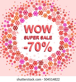 Big winter sale poster with WOW SUPER SALE MINUS 70 PERCENT text. Advertising blue and red vector banner template