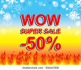 Big winter sale poster with WOW SUPER SALE MINUS 50 PERCENT text. Advertising blue and red vector banner template