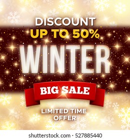 Big Winter Sale promotion banner for shop or website decoration. Abstract vector background with promo text and sparkles for After Christmas clearance marketing flyer.