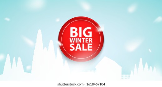Big winter sale. Red button, icon or banner. Vector illustration on a winter snow background