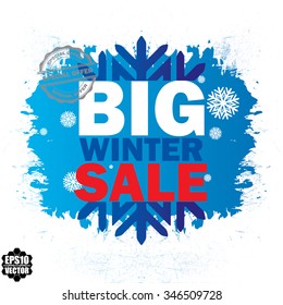 Big winter sale with snow flake on blue poster and label vintage style - Vector illustration. 