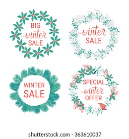 Big winter sale, special winter offer banners, labels, tags, wreaths, shapes with hand lettering. Vector collection. 