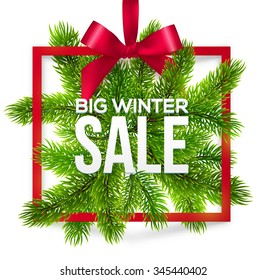 Big winter sale vector label with red ribbon and green fir tree branches