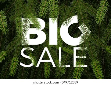Big winter sale vector label with realistic green fir tree branches. Holiday background with christmas tree brunches and big sale text. Vector illustration