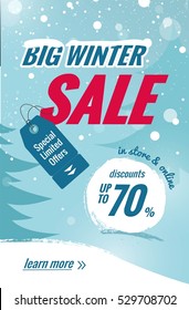 Big winter sale vertical banner. Snowy background with winter landscape. Vector flat illustration