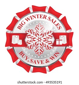 Big winter sales, buy, save and win - elegant business icon / ribbon with shopping bags and snowflakes.
