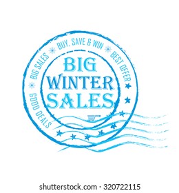 Big winter Sales grunge post stamp.Grunge post stamp for celebrating Winter holidays (Christmas and New Year). Big sales; buy, save and win; best offer; good deals.