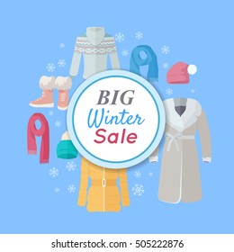 Big winter sales vector concept. Flat design. Warm womens clothes, shoes and accessories for cold season on blue background with snowflakes and sticker with text For store discounts ad design