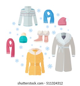 Big winter sales vector concept. Flat design. Warm womens clothes, shoes and accessories for cold season on blue background with snowflakes and sticker with text For store discounts ad design