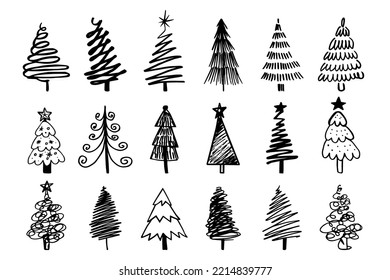 Big winter set of Christmas tree doodle. Vector illustration