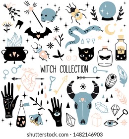 Big witch magic design elements collection. Cute hand drawn, doodle, sketch magician set. Witchcraft symbols: potion, skull, crystal, eyes, snake. Vector. For tattoo, textile, cards, Halloween decor