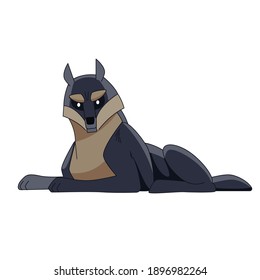 Big Wolf Leader is resting. Cartoon character of a dangerous mammal animal. A wild forest creature with dark fur. Side view. Vector flat illustration isolated on a white background.