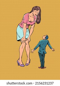 big woman and little man, feminism. Subordination in family relations. Pop art retro vector illustration comic caricature 50s 60s style vintage kitsch