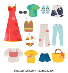 gran mujer verano conjunto de iconos vectores de ropa. vestido, ropa sucia, pantalones cortos, falda, zapatos, bolsa, camiseta, sombrero, gafas, pantalones, blusa, sandalias. Colección de ropa. Ilustración del vector