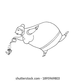 Big woman waters a flower from a watering can. Vector hand-drawn doodle illustration. Gardener. Body positive. Excess weight. Black and white outline.