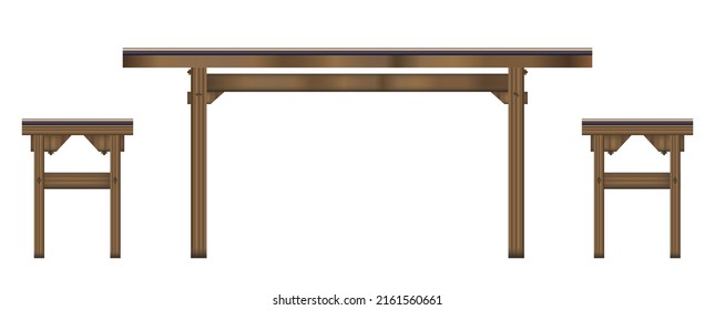 Big wooden table and two chairs. Old style furniture. Set of vector illustration isolated on white background.