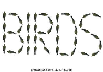 Big word "birds" written with small green birds from top view
