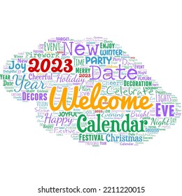 Big word cloud with new year 2023 words. New Year Celebration Motivation to Start Cheers Congratulations.