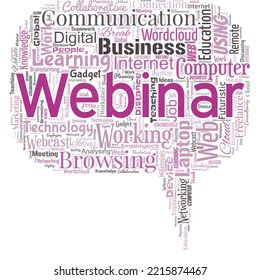 Big Word Cloud In The Shape Of Chat Box With Word Webinar. Defined As Seminar Conducted Over The Internet Web Conferencing