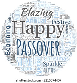 Big word cloud in the shape of circle with words Happy Passover. Another year began for granting one self's wishes and goals