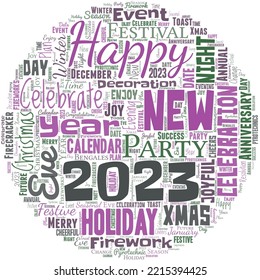 Big word cloud in the shape of circle with words Happy New Year 2023. Happy New Year congratulations. Merry Xmas everyone beginning of January