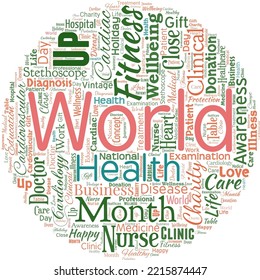 Big word cloud in the shape of circle with words world health. World day of action dedicated to tackling global hunger
