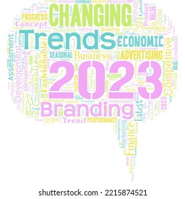 Gran nube de palabras en forma de ventana de diálogo con las palabras Tendencias 2023. New Trends 2023 objeto de ambición o esfuerzo de las personas, objetivo o resultado deseado.