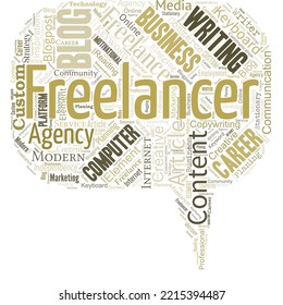 Big word cloud in the shape of dialox box with word freelancer. Person who pursues a profession without a long-term commitment to any one employer