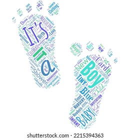 Big word cloud in the shape of feet with words It S A Boy. Expecting a male baby cute blue colors a lot of car toys