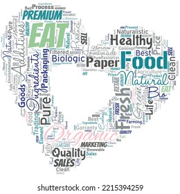 Big word cloud in the shape of heart with words eat organic. Reduction of eating sweets Diabetic control dieting