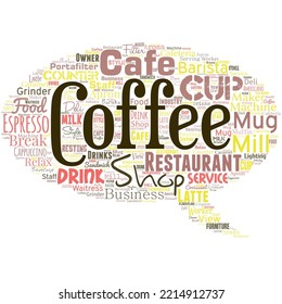 Big word cloud in the shape of speech bubble with words coffee shop. Small informal restaurant serving coffee and light refreshments