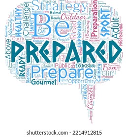 Big word cloud in the shape of speech bubble with words be prepared. Make something ready for use or consideration at future