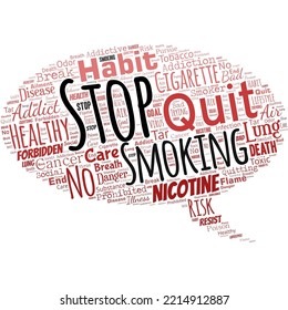 Big word cloud in the shape of speech bubble with words Stop Smoking. The process of discontinuing or quitting tobacco smoking. Life without cigarettes.