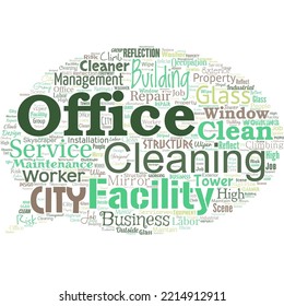 Big word cloud in the shape of speech bubble with words office cleaning. Commercial buildings are used for commercial purpose.