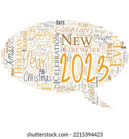 Big word cloud in the shape of speech bubble with words Happy New Year 2023. Happy New Year congratulations. Merry Xmas everyone beginning of January