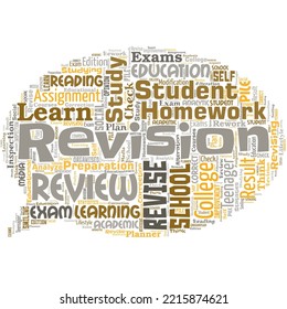 Big word cloud in the shape of speech bubble with word revision. Action of revising over someone like auditing or accounting