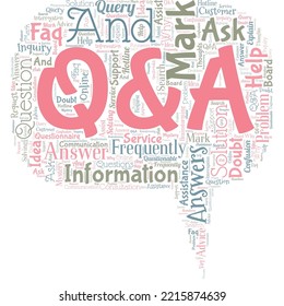 Big word cloud in the shape of speech bubble with words Q and A.. Questions and answers. Defined as questions being asked and answers