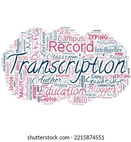 Big word cloud in the shape of cloud with word transcription. Written or typing version of something Hard copy of audio