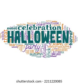 Gran nube de palabras en forma de OVNI con palabra de halloween. El 31 de octubre se observó especialmente con vestirse disfrazado