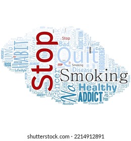 Big word cloud in the shape of UFO with words Stop Smoking. The process of discontinuing or quitting tobacco smoking. Life without cigarettes.