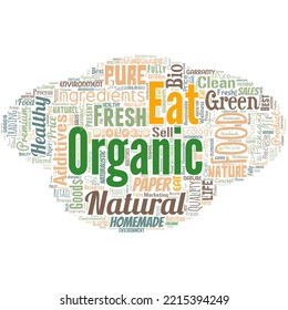 Big word cloud in the shape of UFO with words eat organic. Reduction of eating sweets Diabetic control dieting