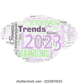 Big word cloud in the shape of UFO with words Trends 2023. New Trends 2023 object of persons ambition or effort aim or desired result.