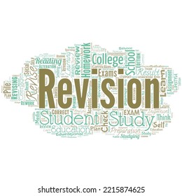 Big word cloud in the shape of UFO with word revision. Action of revising over someone like auditing or accounting