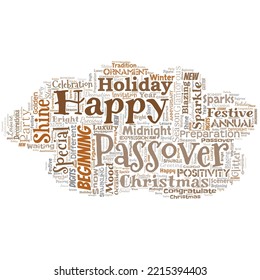 Big word cloud in the shape of cloud with words Happy Passover. Another year began for granting one self's wishes and goals