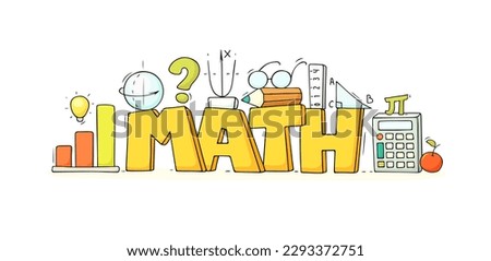 Big word math with science symbols. Doodle education concept for school design. Hand drawn cartoon vector illustration with lettering, calculator, graph, glasses, lamp idea.